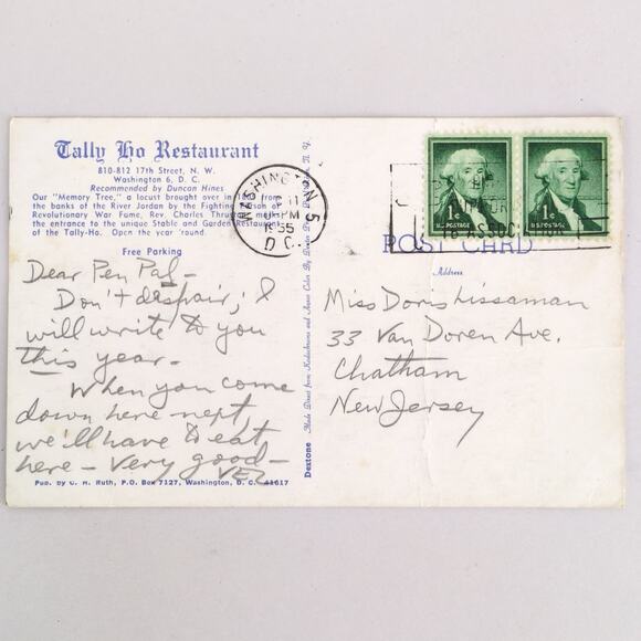 Vintage Tally Ho Restaurant Washington DC Postcard 1955 Memory Tree - Picture 2 of 2